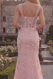 Vestido largo de graduación con tirantes finos de sirena azul brillante con tirantes finos aplicados