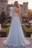 Vestido largo de graduación azul brillante, de un solo hombro con un lazo de tul con cuentas y apliques