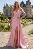 Vestido largo de graduación con corsé rosa floral y sirena fruncido con capa lateral