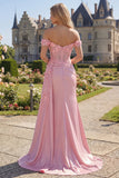 Vestido largo de graduación con corsé rosa floral y sirena fruncido con capa lateral