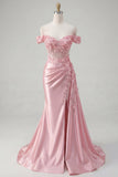 Corsé rosa Sirena transparente con hombros y vestido largo de graduación con abertura