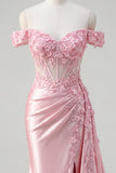 Vestido largo de graduación con corsé rosa floral y sirena fruncido con capa lateral