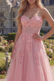 Vestido largo de graduación Shortheart Pink Corset A-Line con apliques