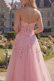 Vestido largo de graduación Shortheart Pink Corset A-Line con apliques