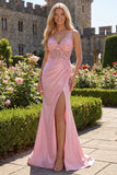 Vestido largo de graduación con corsé rosa transparente Sirena 3D y abertura lateral