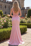 Vestido largo de graduación con corsé rosa transparente Sirena 3D y abertura lateral