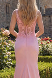 Vestido largo de graduación con corsé rosa transparente Sirena 3D y abertura lateral
