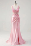 Vestido largo de graduación con corsé rosa transparente Sirena 3D y abertura lateral