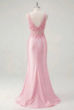 Vestido de baile de graduación rosa floral con escote en V y cuello fruncido, sirena