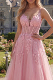 Corsé rosa de escote en V y largo vestido de tul