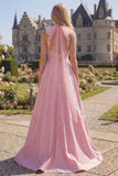 Corsé rosa con tiras en forma de A, espalda abierta, vestido largo de graduación con lazo