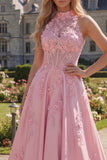 Corsé rosa con tiras en forma de A, espalda abierta, vestido largo de graduación con lazo