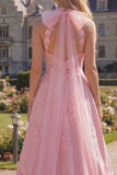 Corsé rosa con tiras en forma de A, espalda abierta, vestido largo de graduación con lazo