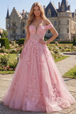 Vestido de graduación rosa largo de línea A con hombros descubiertos y flores 3D