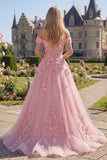 Vestido de graduación rosa largo de línea A con hombros descubiertos y flores 3D