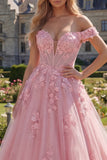 Vestido de graduación rosa largo de línea A con hombros descubiertos y flores 3D