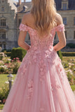 Vestido de graduación rosa largo de línea A con hombros descubiertos y flores 3D