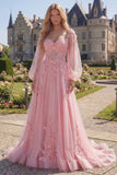 Vestido largo de graduación largo con corsé transparente de flor rosa y manga larga