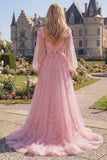Vestido largo de graduación largo con corsé transparente de flor rosa y manga larga