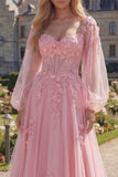 Vestido largo de graduación largo con corsé transparente de flor rosa y manga larga