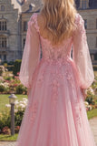Vestido largo de graduación largo con corsé transparente de flor rosa y manga larga