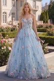 Corsé floral azul A-Line con pliqué y vestido largo de baile con flores 3D