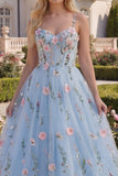Corsé floral azul A-Line con pliqué y vestido largo de baile con flores 3D