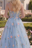 Corsé floral azul A-Line con pliqué y vestido largo de baile con flores 3D