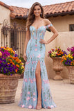 Corsé floral de trompeta azul tul de tul con pliqués largos y flores 3D