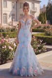 Corsé floral de trompeta azul tul de tul con pliqués largos y flores 3D