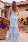 Corsé floral de trompeta azul tul de tul con pliqués largos y flores 3D