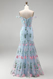 Corsé floral de trompeta azul tul de tul con pliqués largos y flores 3D