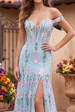 Corsé floral de trompeta azul tul de tul con pliqués largos y flores 3D