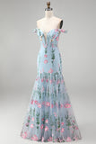 Corsé floral de trompeta azul tul de tul con pliqués largos y flores 3D