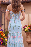 Corsé floral de trompeta azul tul de tul con pliqués largos y flores 3D