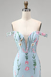 Corsé floral de trompeta azul tul de tul con pliqués largos y flores 3D