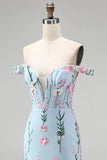 Corsé floral de trompeta azul tul de tul con pliqués largos y flores 3D