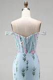 Corsé floral de trompeta azul tul de tul con pliqués largos y flores 3D