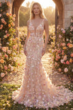 Vestido largo largo de graduación de sirena de tul y tul champaña, con escote en pico floral y aplicado,