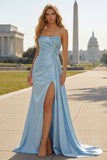 Vestido largo de graduación sin tirantes sin tirantes de sirena azul sirena azul fruncido y tirante