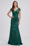 Vestido de madre de la novia de sirena de cuello en V verde oscuro