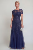 Vestido de madre de novia de una línea de escote redondo verde oscuro