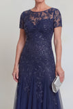 Vestido de madre de novia de una línea de escote redondo verde oscuro