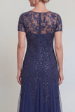 Vestido de madre de novia de una línea de escote redondo verde oscuro