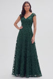 Vestido de Madre de la Novia Verde oscuro con escote en pico floral A Line Cap