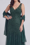 Vestido de Madre de la Novia, Tul Gris Azul, Con Escote en V A Line