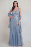 Vestido de Madre de la Novia, Tul Gris Azul, Con Escote en V A Line