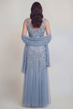 Vestido de Madre de la Novia, Tul Gris Azul, Con Escote en V A Line