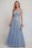 Vestido de Madre de la Novia, Tul Gris Azul, Con Escote en V A Line