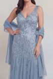 Vestido de Madre de la Novia, Tul Gris Azul, Con Escote en V A Line